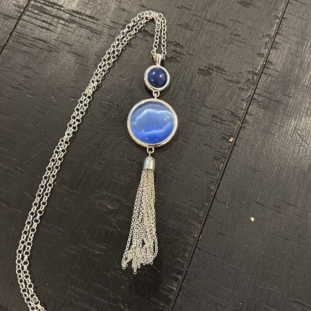 LC Liz Claiborne Long Blue Silver Tone Tassel Necklace Signed